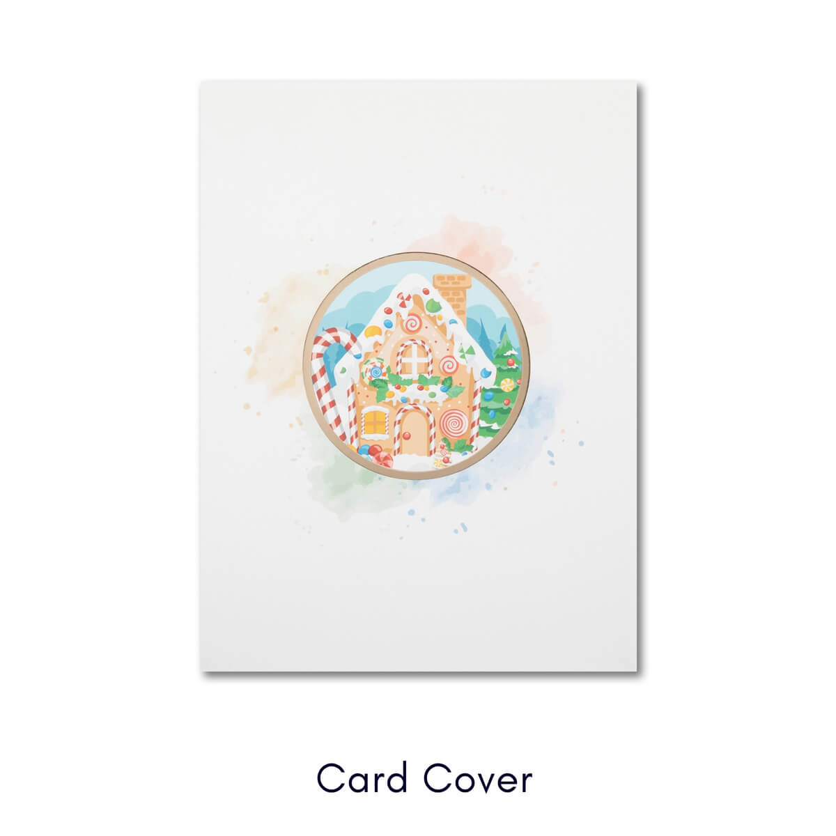 Front of Christmas card featuring festive gingerbread house illustration on cream cardstock