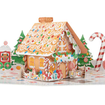 3D Gingerbread House Christmas pop-up card fully open showing detailed festive scene with candy canes, snow, and holiday decorations