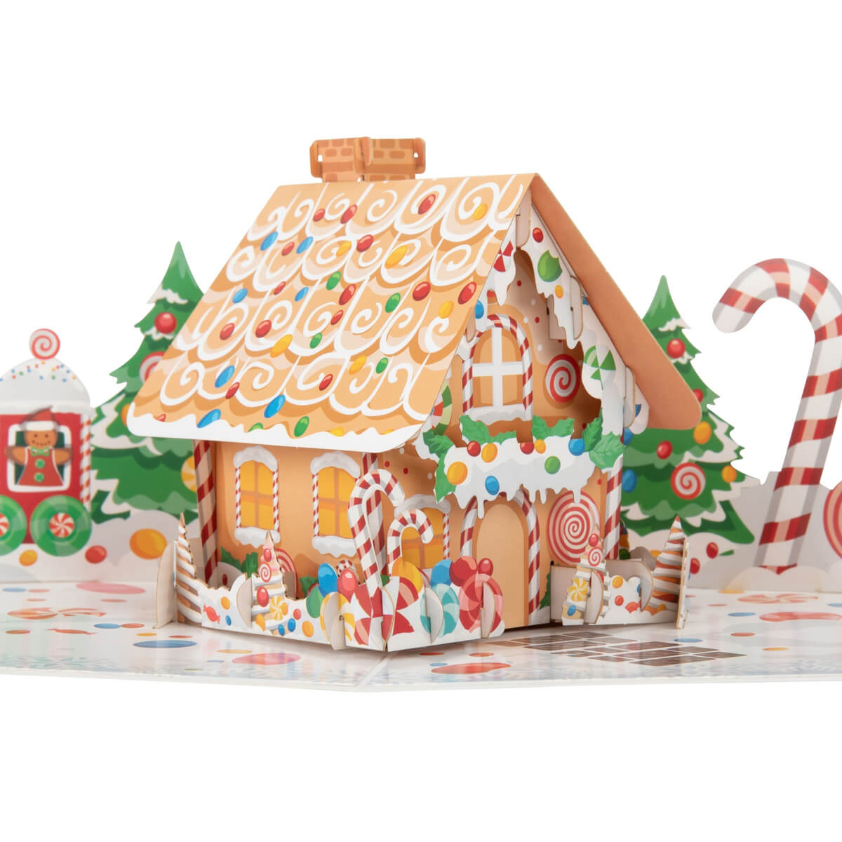 3D Gingerbread House Christmas pop-up card fully open showing detailed festive scene with candy canes, snow, and holiday decorations