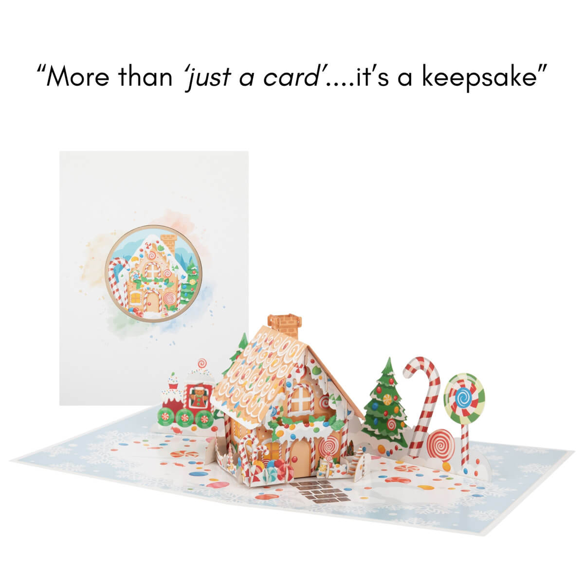 Gingerbread house pop-up Christmas card with blank notecard and matching envelope for handwritten message