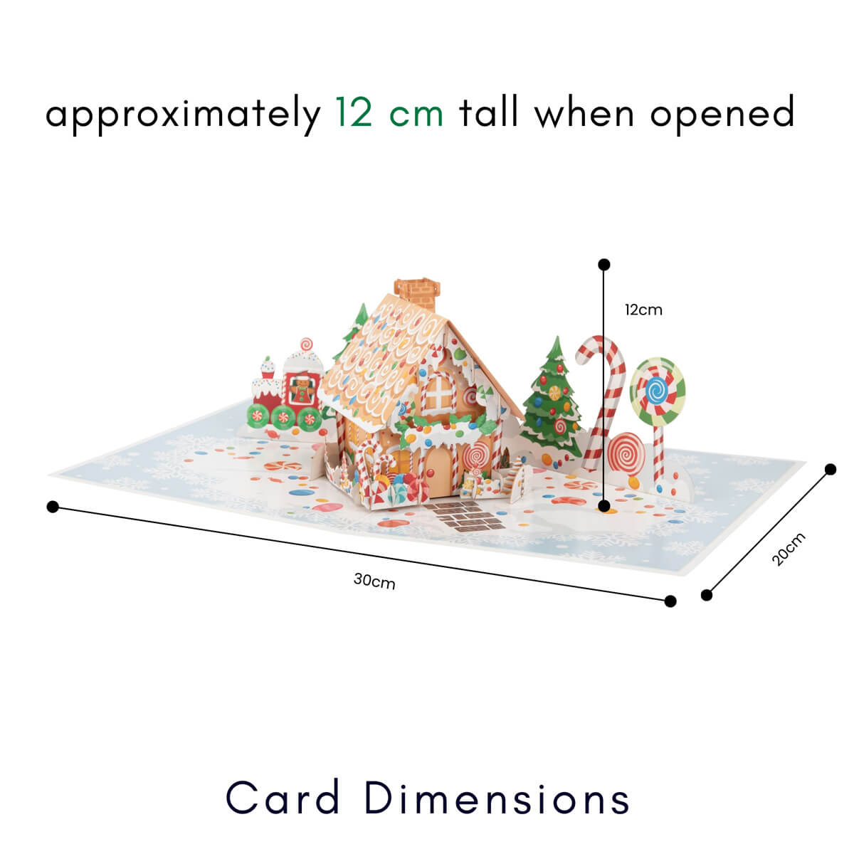 Gingerbread House Christmas 3D card showing dimensions of the card open which is 30cm (l) x 20cm (w) x12cm (h)