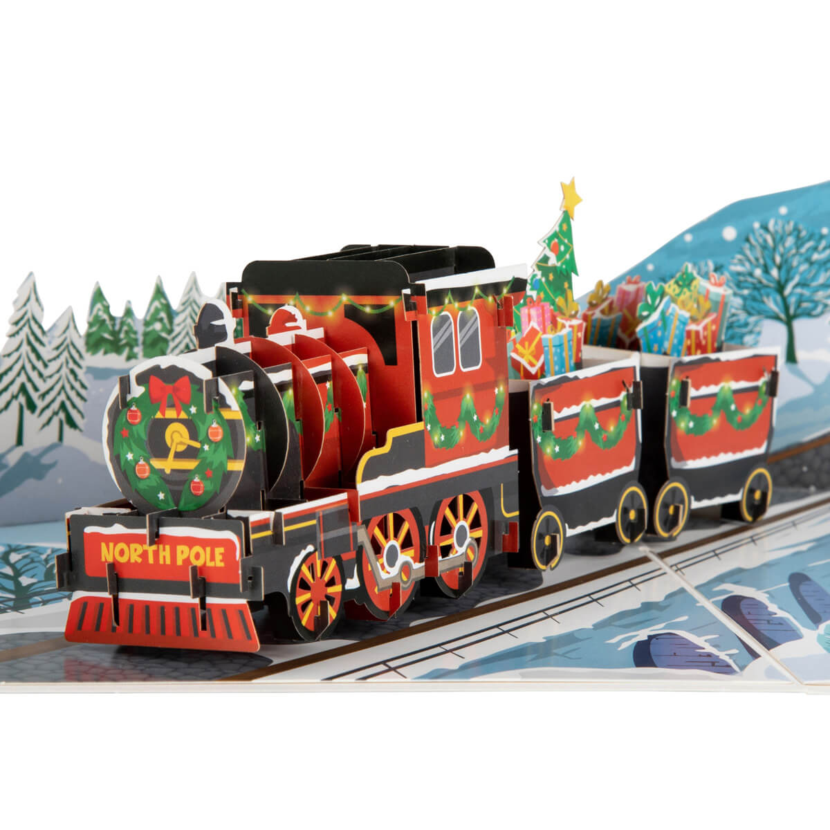 Christmas Train Pop Up Card by Cardology - close up image of the pop up featuring a brightly decorated train filled with presents