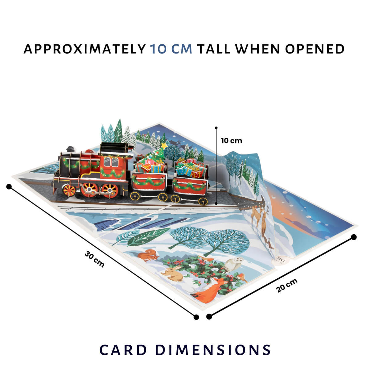 Christmas Train Pop Up Card by Cardology - image of the dimensions when opened.  When opened the card is 30cm (l) x 20cm (w) and the pop up is 10cm high.