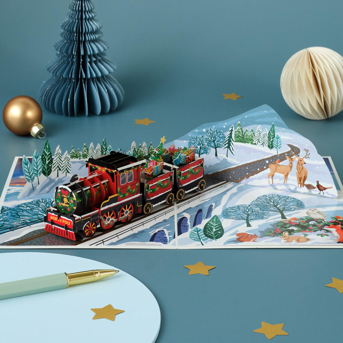 Christmas Train Pop Up Card by Cardology - lifestyle image showing the card open