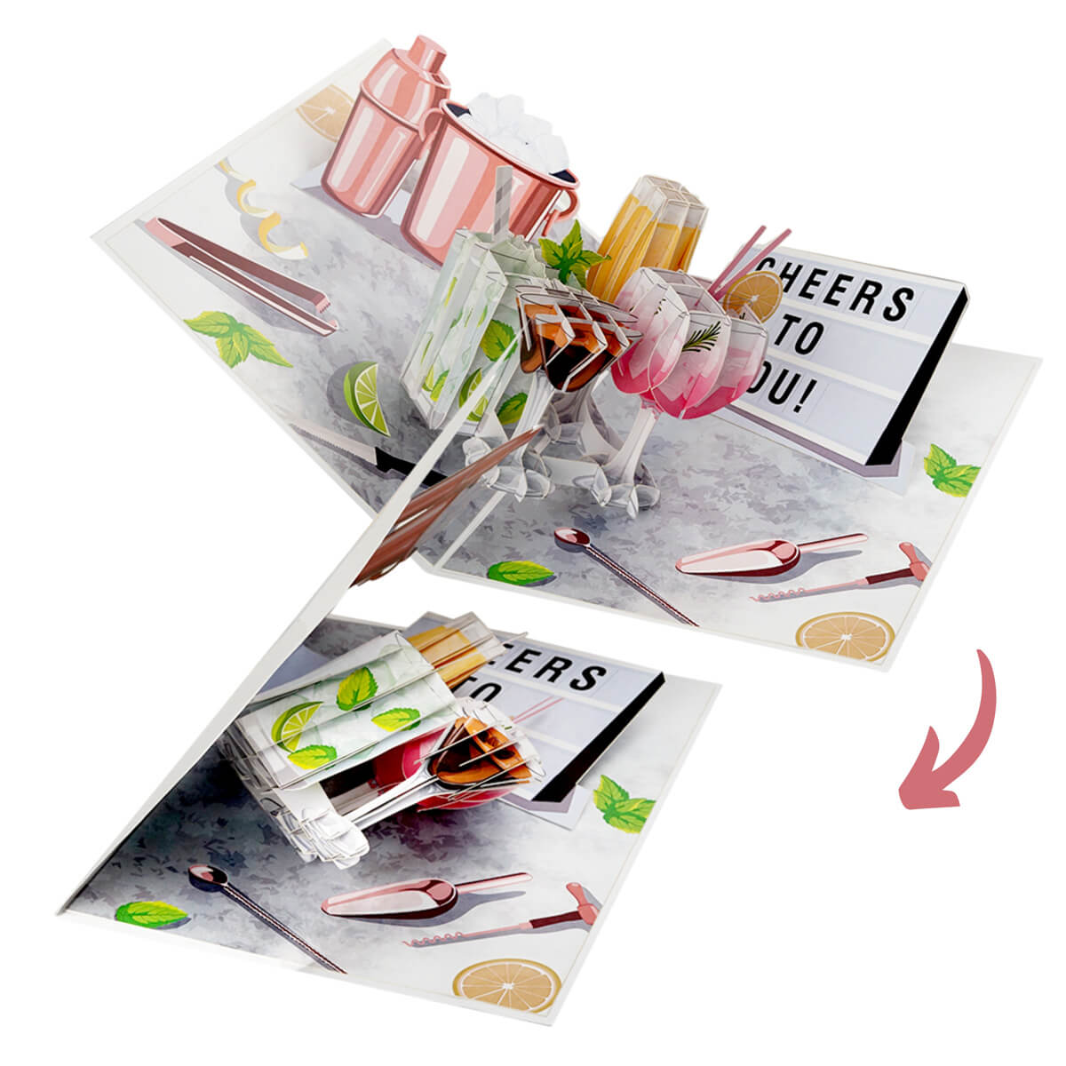 Cocktails Pop Up Card for Birthdays which includes Gin and Tonic, Martinis, Mojito, Prosecco and more in 3D, surrounded by lime and bar tools in 2D graphics.  Perfect for birthdays, Mother's Day Cards,  Congratulations, Welldone, Retirement and more occasions. Image of the card closing to show how the 3D card closes down