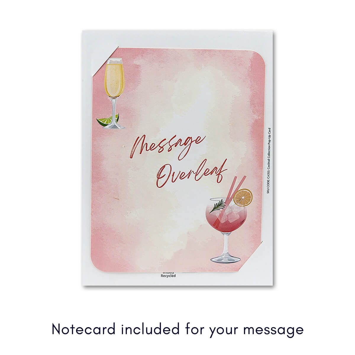 Cocktails Pop Up Card for Birthdays which includes Gin and Tonic, Martinis, Mojito, Prosecco and more in 3D, surrounded by lime and bar tools in 2D graphics.  Perfect for birthdays, Mother's Day Cards,  Congratulations, Welldone, Retirement and more occasions. image shows notecard included for handwritten message