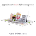 Load image into Gallery viewer, Cocktails Pop Up Card for Birthdays which includes Gin and Tonic, Martinis, Mojito, Prosecco and more in 3D, surrounded by lime and bar tools in 2D graphics.  Perfect for birthdays, Mother's Day Cards,  Congratulations, Welldone, Retirement and more occasions. Image shows the dimensions of the card open, which is 30cm (w) x 20cm (l) x approximately 15cm (h) of the pop up element.
