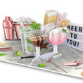 Load image into Gallery viewer, Cocktails Pop Up Card for Birthdays which includes Gin and Tonic, Martinis, Mojito, Prosecco and more in 3D, surrounded by lime and bar tools in 2D graphics.  Perfect for birthdays, Mother's Day Cards,  Congratulations, Welldone, Retirement and more occasions.  This image depicts a close up of the card open
