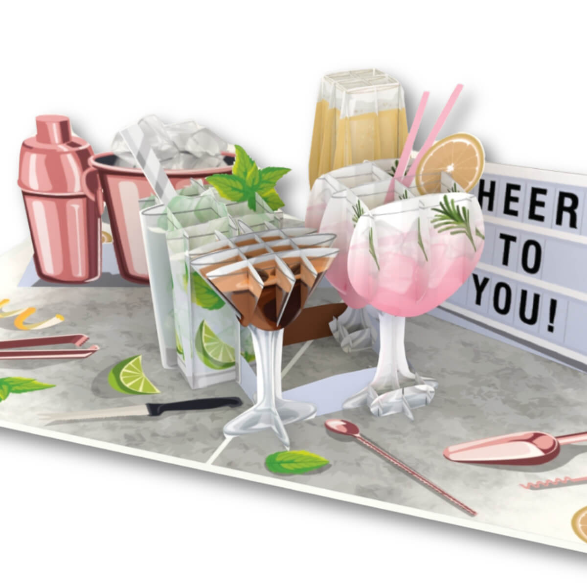 Cocktails Pop Up Card for Birthdays which includes Gin and Tonic, Martinis, Mojito, Prosecco and more in 3D, surrounded by lime and bar tools in 2D graphics.  Perfect for birthdays, Mother's Day Cards,  Congratulations, Welldone, Retirement and more occasions.  This image depicts a close up of the card open
