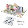 Load image into Gallery viewer, Cocktails Pop Up Card for Birthdays which includes Gin and Tonic, Martinis, Mojito, Prosecco and more in 3D, surrounded by lime and bar tools in 2D graphics.  Perfect for birthdays, Mother's Day Cards,  Congratulations, Welldone, Retirement and more occasions. Image shows 2 stickers included for 'Happy Birthday' and 'Happy Mother's Day' so the card is versatile for various celebrations.
