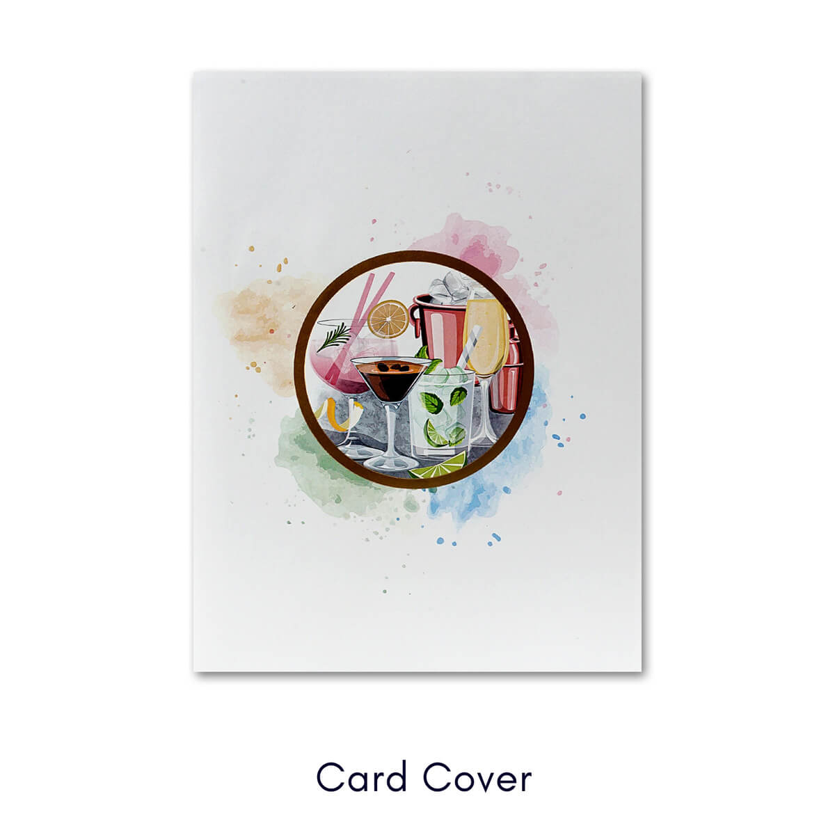 Cocktails Pop Up Card for Birthdays which includes Gin and Tonic, Martinis, Mojito, Prosecco and more in 3D, surrounded by lime and bar tools in 2D graphics.  Perfect for birthdays, Mother's Day Cards,  Congratulations, Welldone, Retirement and more occasions. image of card front cover which is ivory with a graphic of cocktails in the center