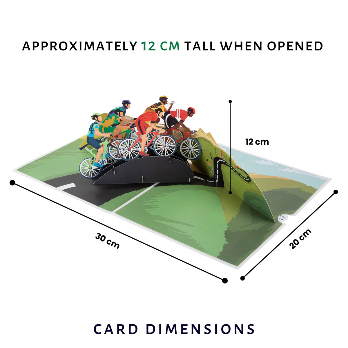 cycling pop up card by cardology - image of dimensions which are 30cm (l) x 20cm (w) and 12cm (h)