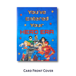 pop up card front cover with superhero characters and text on a blue background. The card says 'You've Entered Your Hero Era'