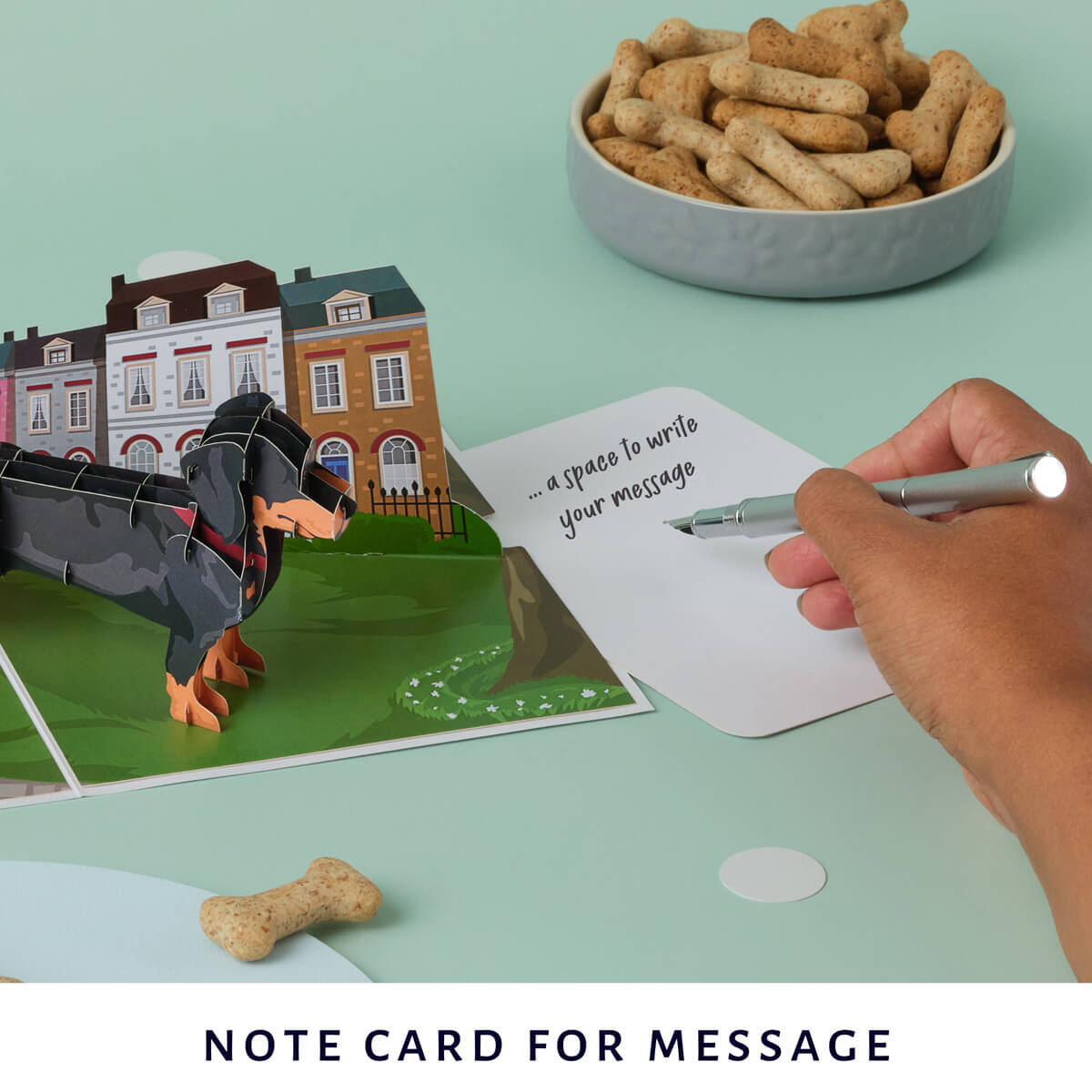 dachshund pop up card by cardology - image showing slide out notecard which gives a space to write message on