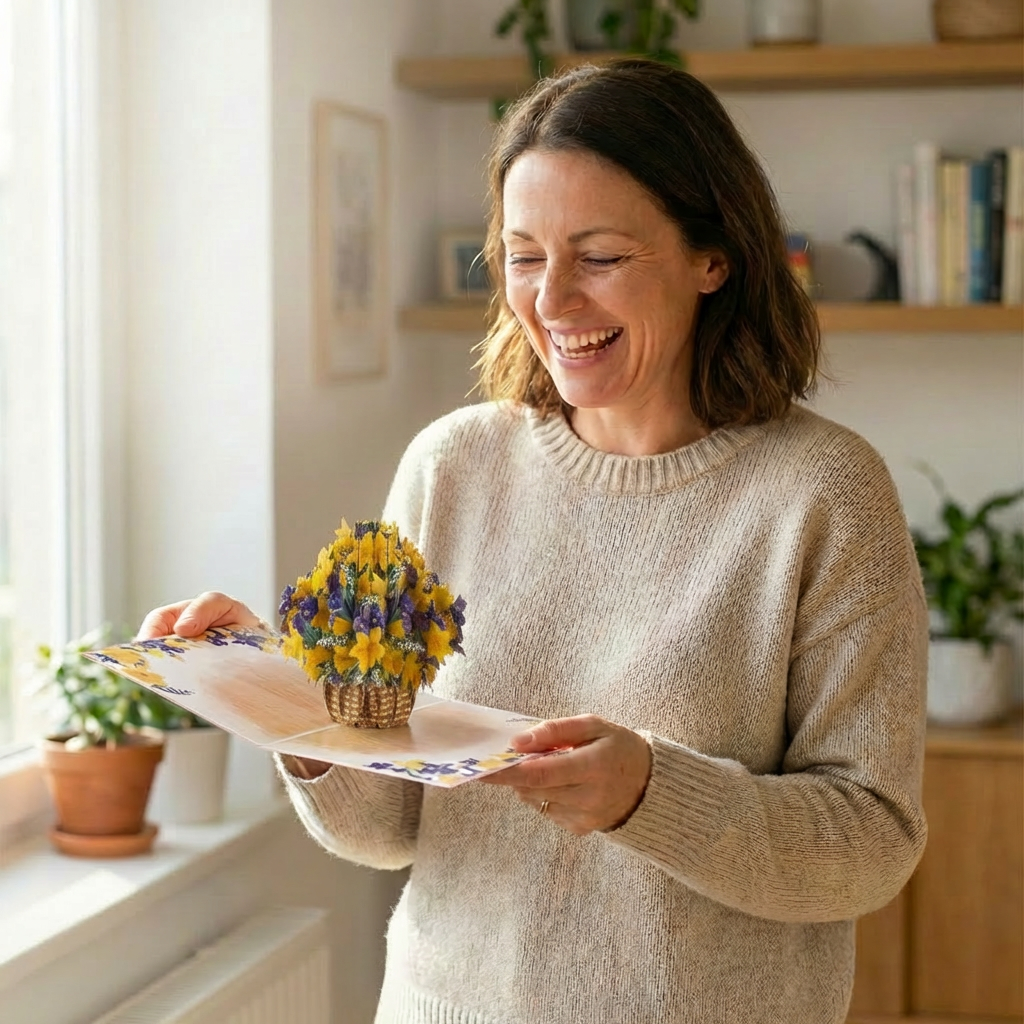 Woman holding a daffodils pop up card by cardology,  in a bright room