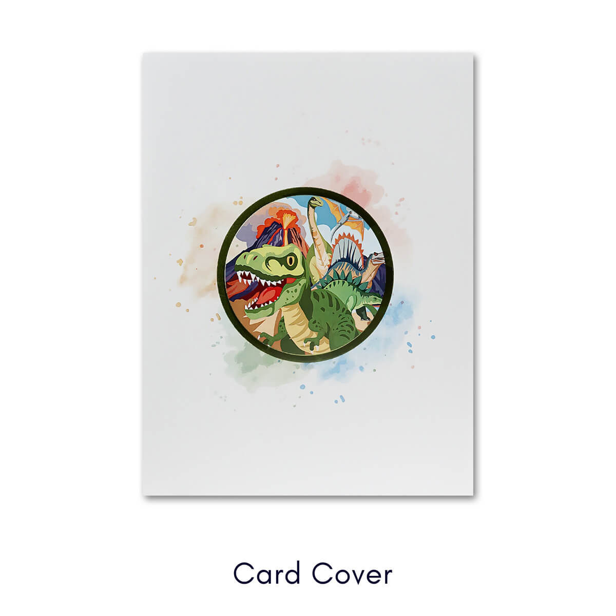 Dinosaurs Pop Up Card for Kids - Jurassic Park T-Rex Cards - Image of 3D card cover with graphic image of dinosaurs on white cardstock.