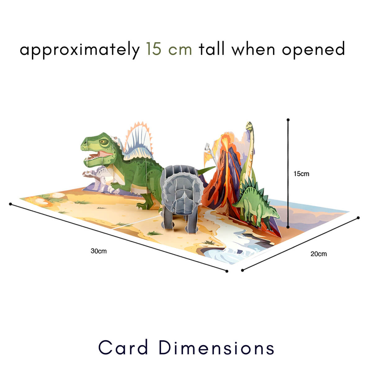 Dinosaurs Pop Up Card for Kids - Jurassic Park T-Rex Cards - Image of card dimensions which are 30cm (l) x 20cm (w) x 15cm (h)