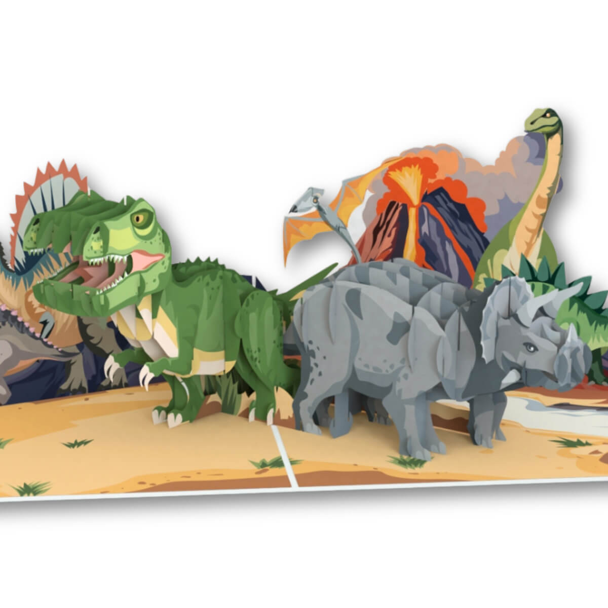 Dinosaurs Pop Up Card for Kids - Jurassic Park T-Rex Cards - Close Up Image of Card open with a 3D T-Rex and a Triceratops with a prehistoric landscape behind