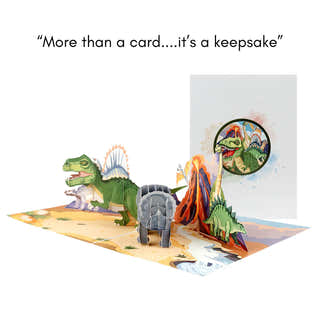 Dinosaurs Pop Up Card for Kids - Jurassic Park T-Rex Cards - Close Up Image of Card open with a 3D T-Rex and a Triceratops with a prehistoric landscape behind