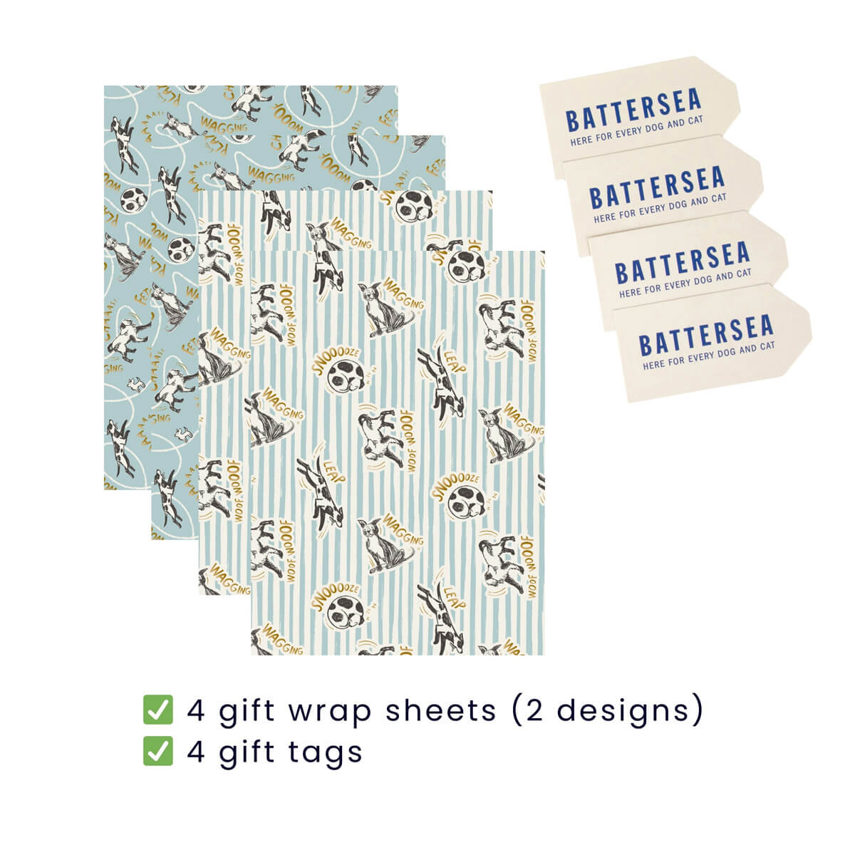 Battersea Dogs & Cats Home Gift Wrap for Dog Lovers - Pack of 4 sheets with 2 patterns. Perfect for birthdays and other celebratory occasions. 