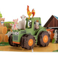 Load image into Gallery viewer, close up image of Farm Yard Animals Pop Up Card featuring a 3D John Deere tractor filled with farm animals
