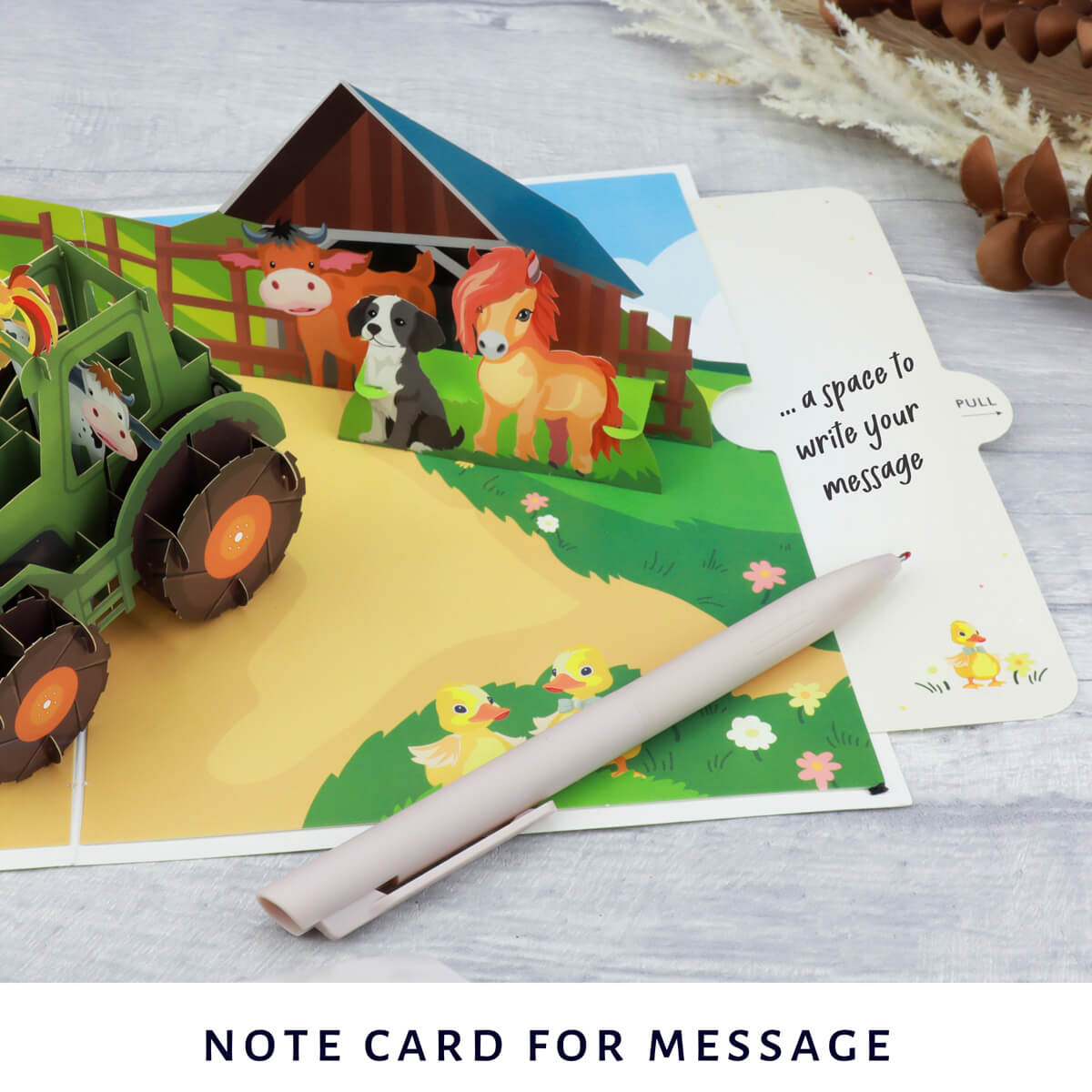 Farmyard Animals Pop Up Card by Cardology - slide out notecard to write message on