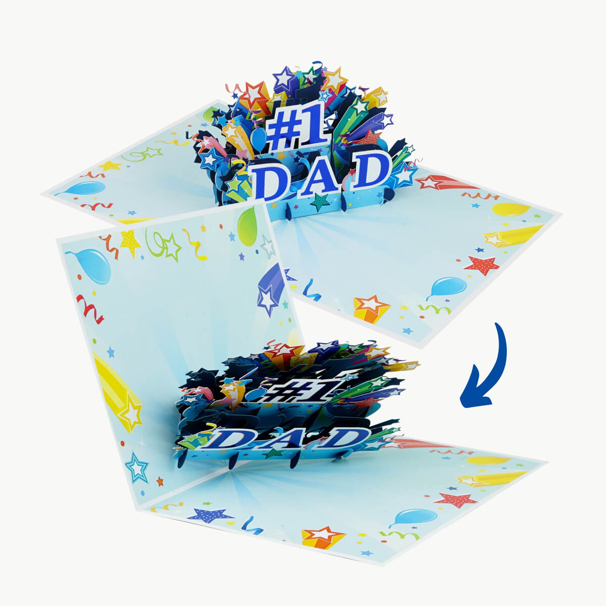 Pop-up card with '#1 DAD' text and colorful design on a white background