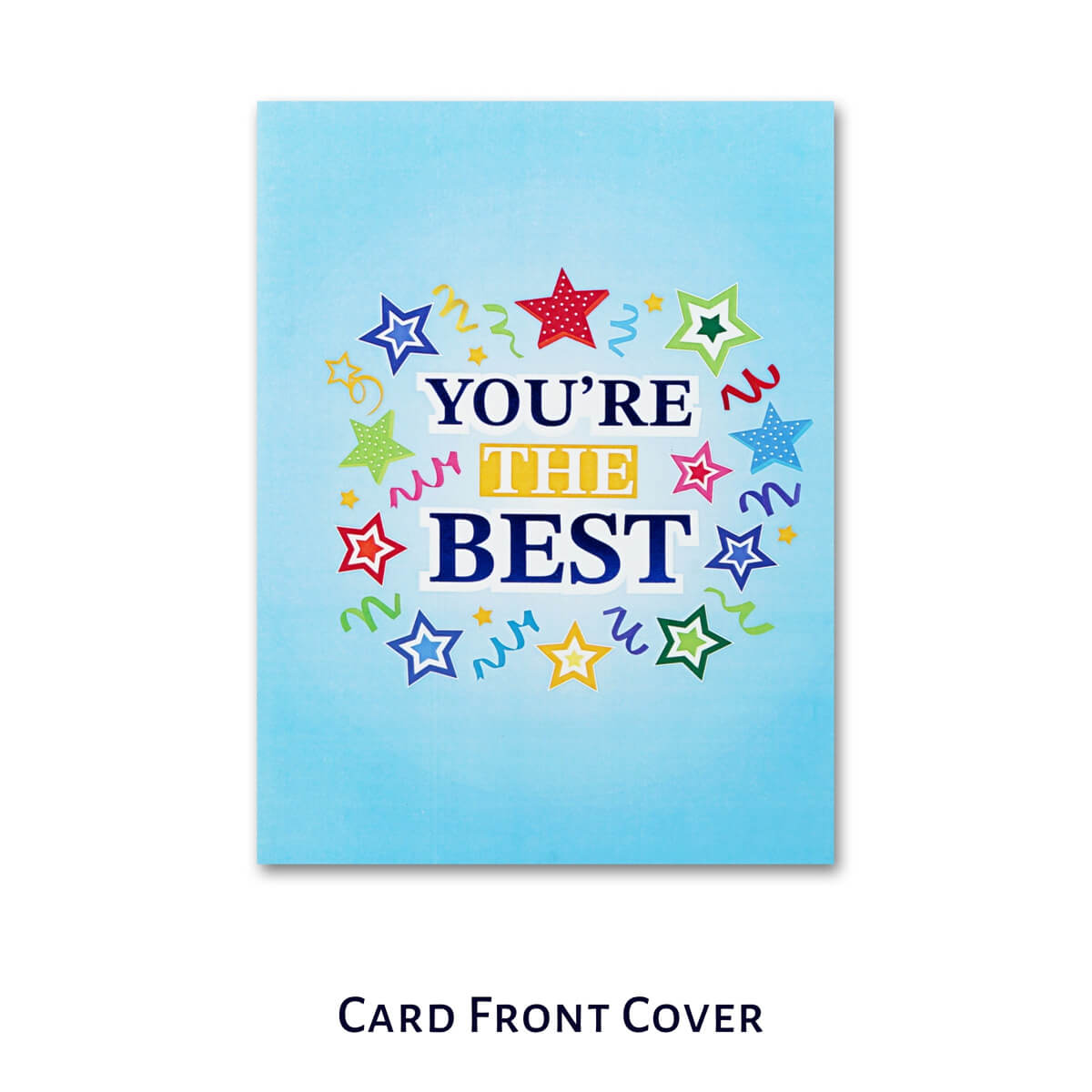 Card front cover with colorful stars and 'You're the Best' text on a blue background