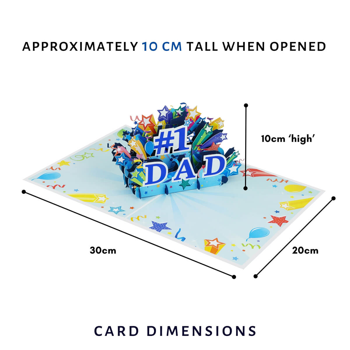 Pop-up card with '#1 Dad' text and star designs, showing dimensions on a white background.
