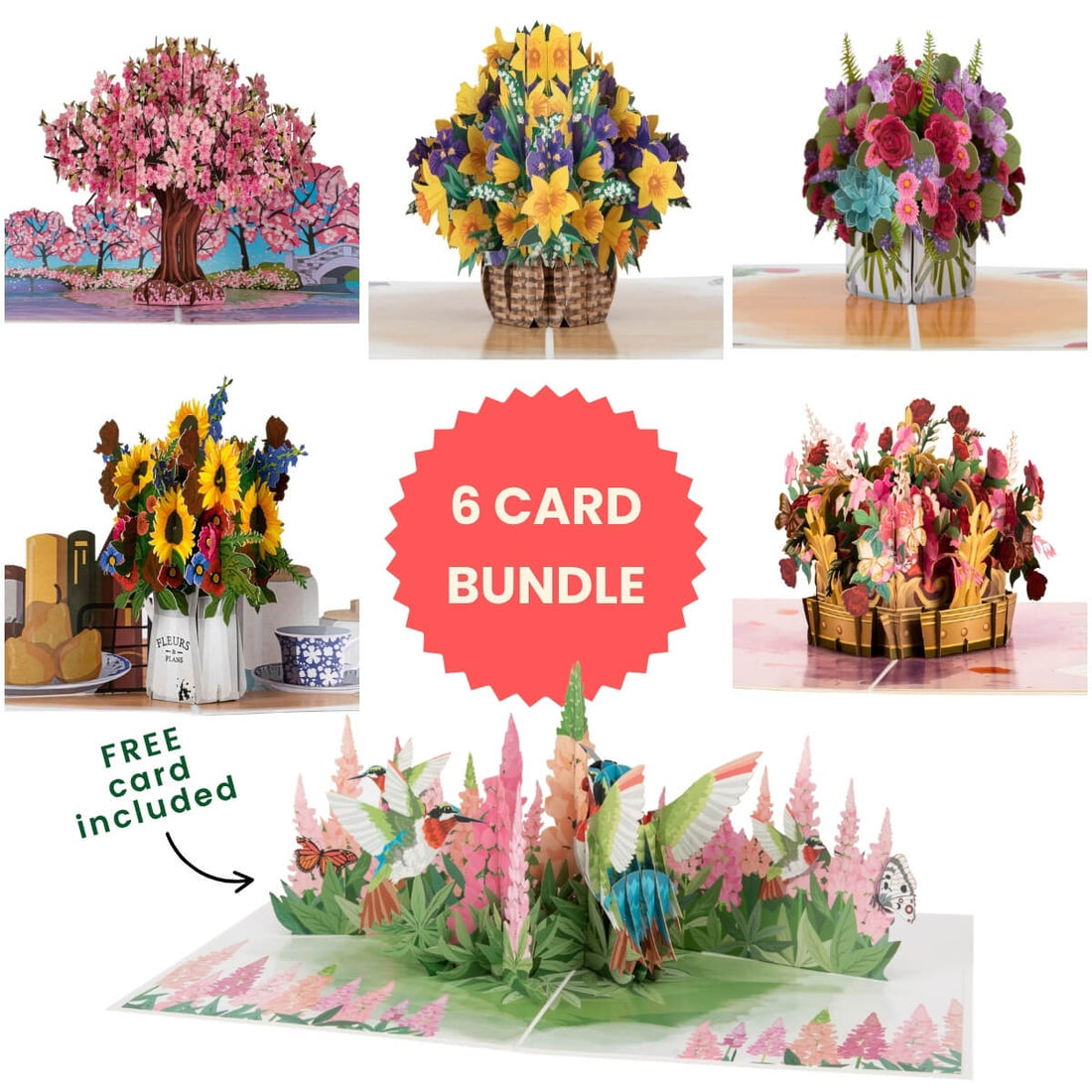 A collage showing six different colorful pop-up card designs, including cherry blossom trees, flower bouquets, sunflowers, and a 3D pop-up forest with birds, arranged on a white background with a red badge that says '6 CARD BUNDLE' and a note saying 'FREE card included'.
