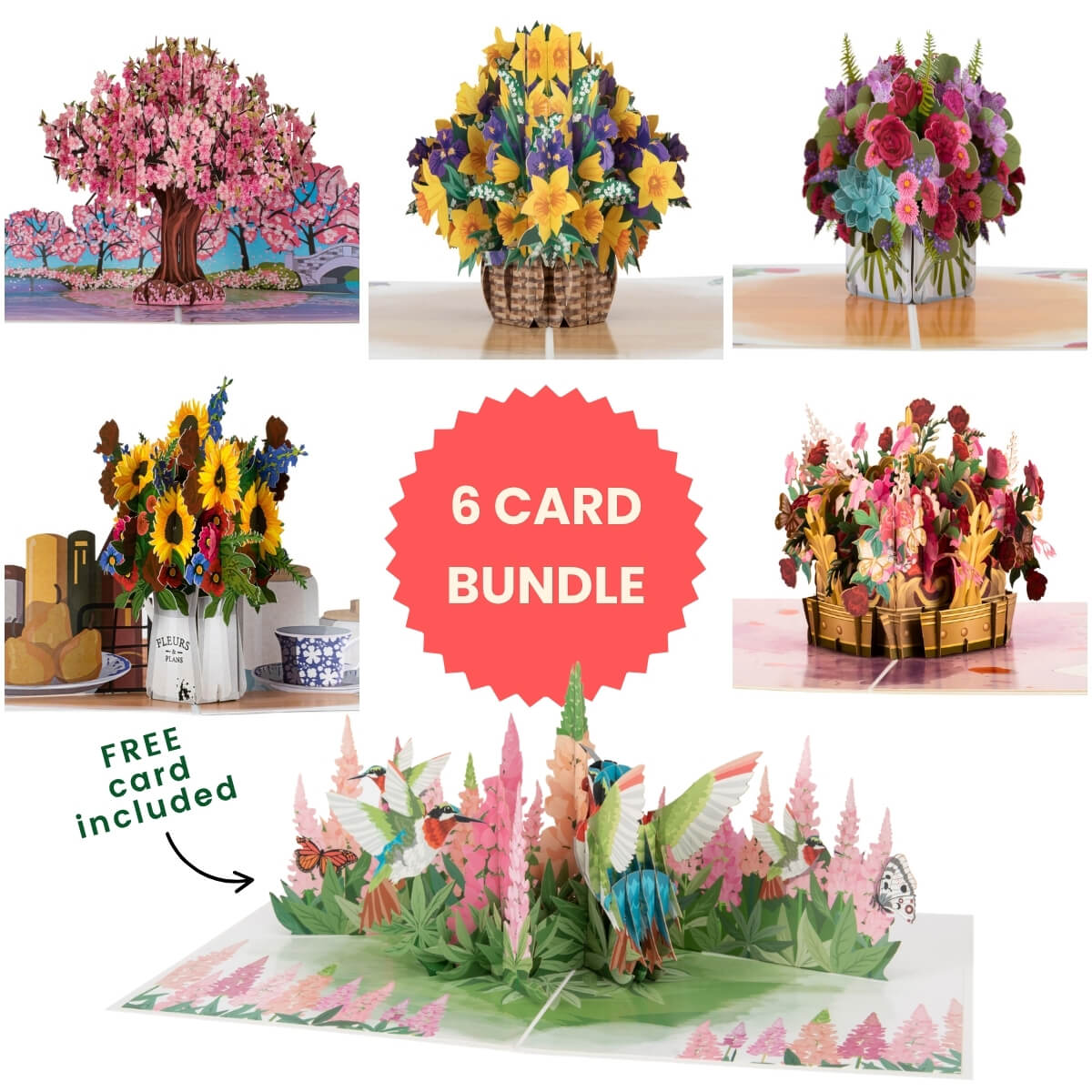 A collage showing six different colorful pop-up card designs, including cherry blossom trees, flower bouquets, sunflowers, and a 3D pop-up forest with birds, arranged on a white background with a red badge that says '6 CARD BUNDLE' and a note saying 'FREE card included'.