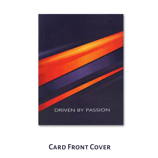 F1 Pop Up Card front cover with orange and purple diagonal stripes and 'Driven by Passion' text on a white background