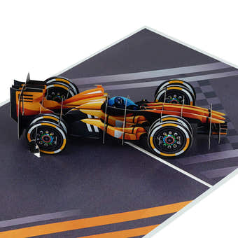 3D pop-up F1 Racing Car Pop Up Card on a racetrack background
