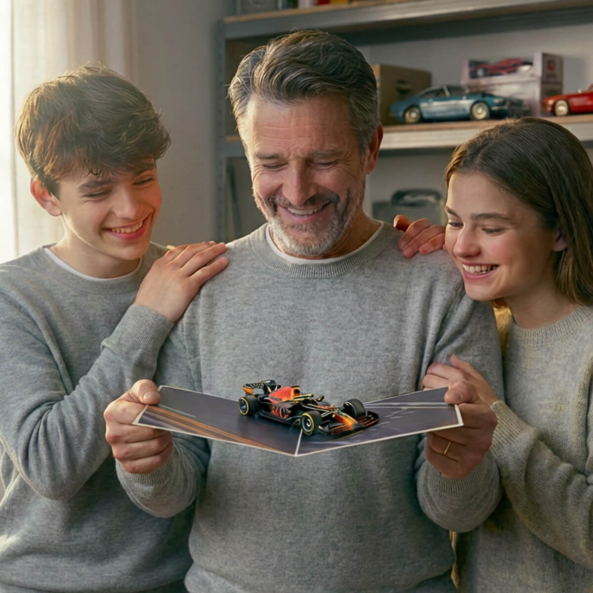 Man with two children holding his Fathers Day F1 Racing Car Pop Up Card open