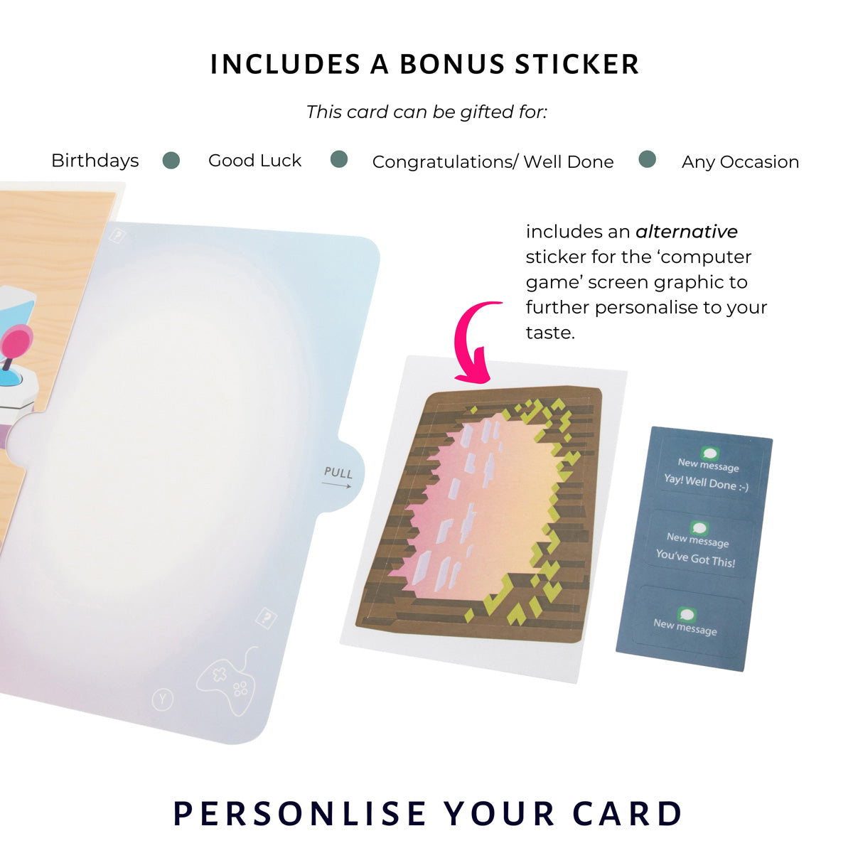 gaming pop up birthday card for gamers - image of additional stickers which allows the customer to personalise their card further