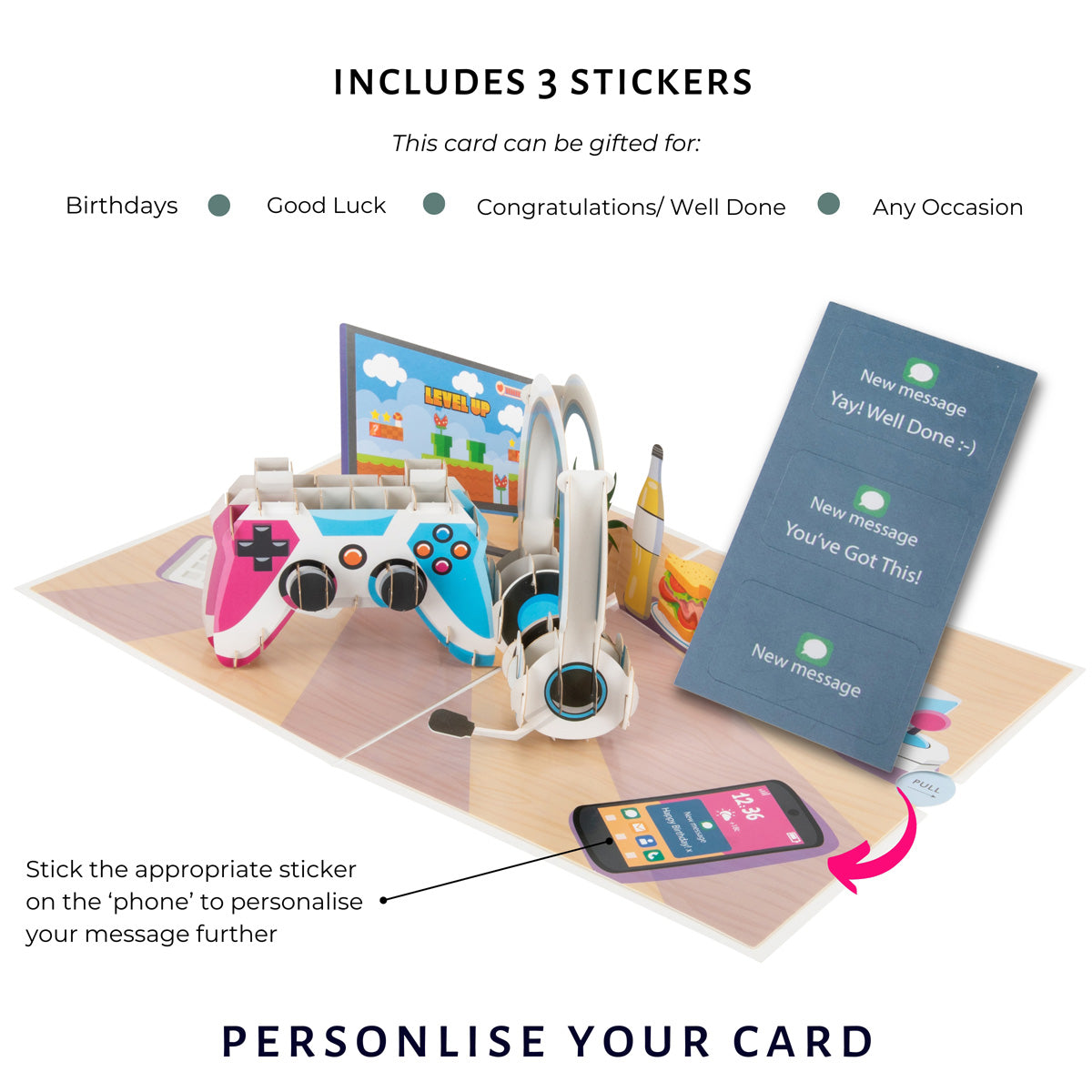 gaming pop up birthday card for gamers - image of additional stickers which allows the customer to personalise their card further with different messages such as 'You've got this' or 'Well done' and 'Happy birthday'