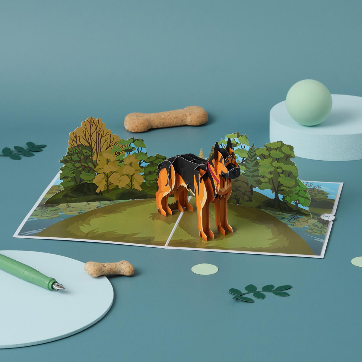 German Shepherd Pop Up Card For Birthday Card by Cardology - lifestyle image of 3D Alsatian greeting card for birthday gift