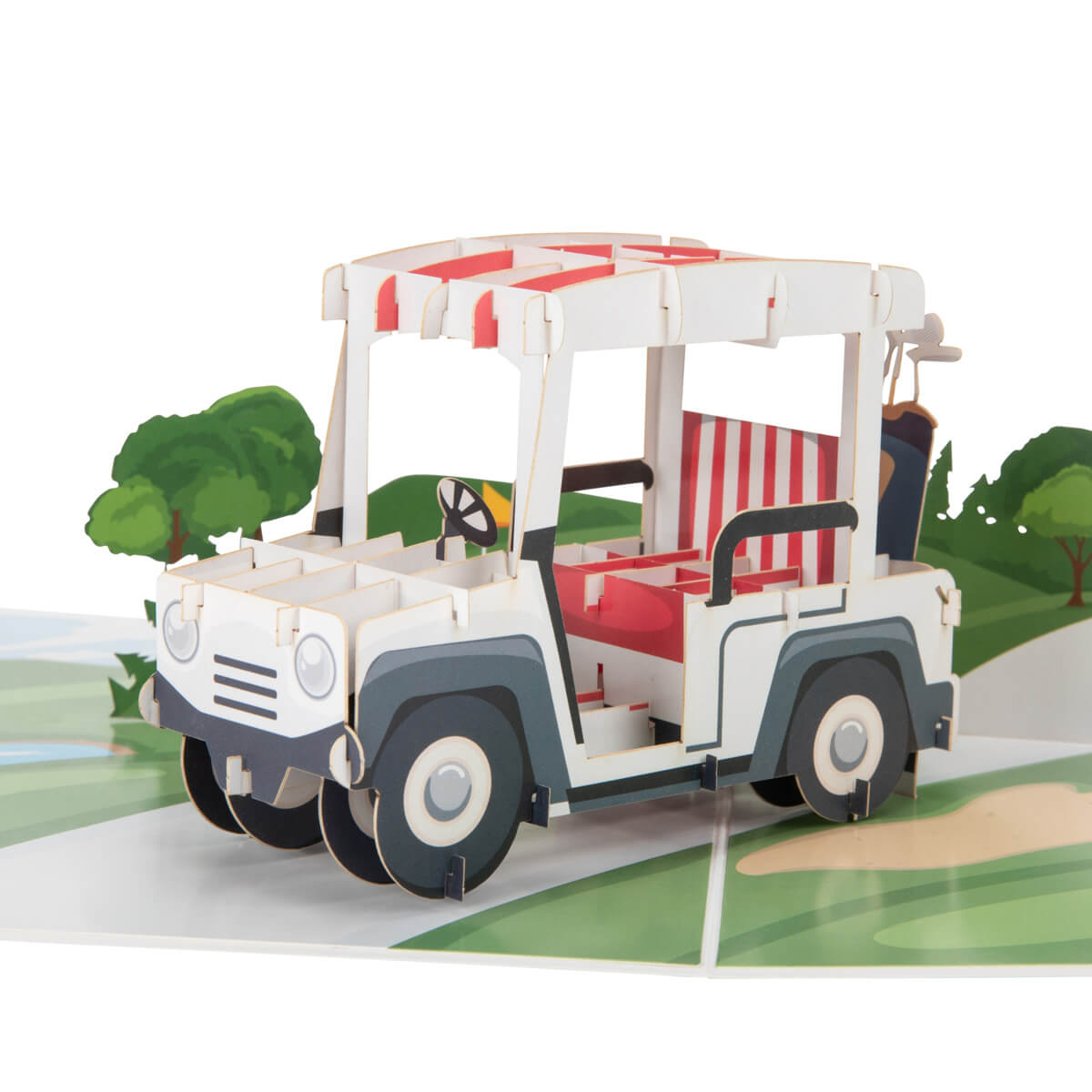 Golf pop up card by Cardology - close up image of 3D golf buggy on a golf course. 