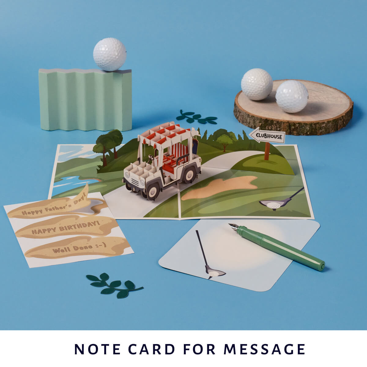 Golf pop up card by Cardology - image of notecard for message and stickers included