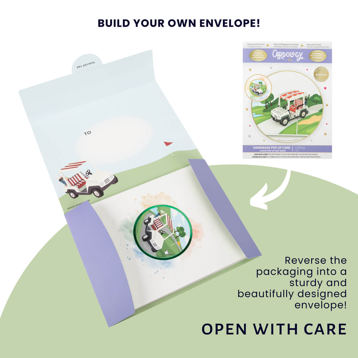 Golf pop up card by Cardology - packaging that reverses into gift envelope