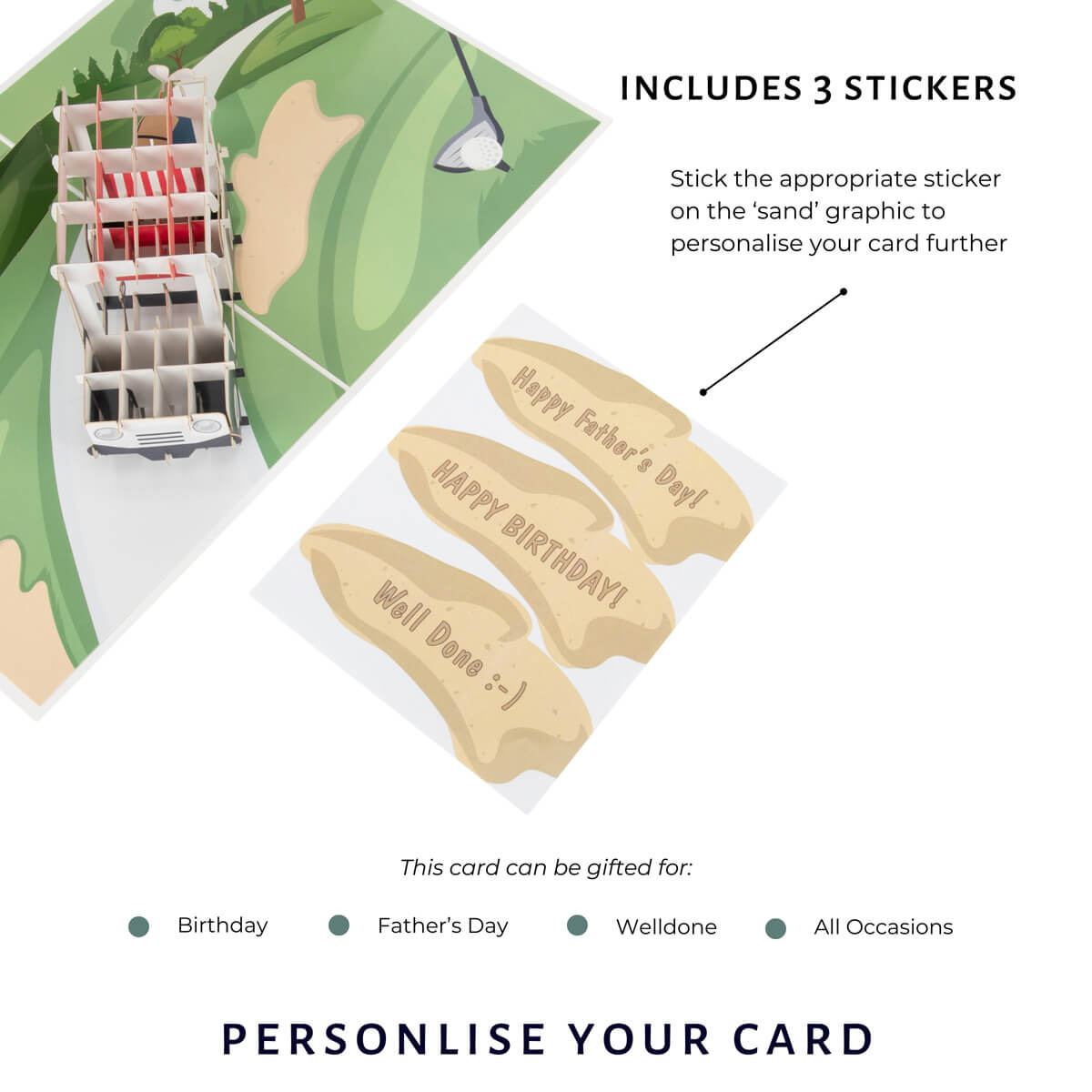 Golf pop up card by Cardology - image of stickers that are included to personalise the card further