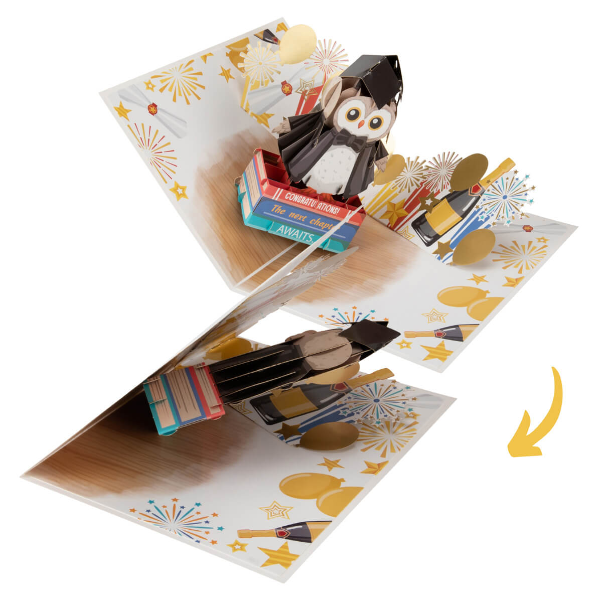 Graduation Congratulations 3D Pop Up Card - Wise Owl Graduation Handmade Gift for University, College, Nursery or Pre-School - Close up image of graduation 3D gift closing
