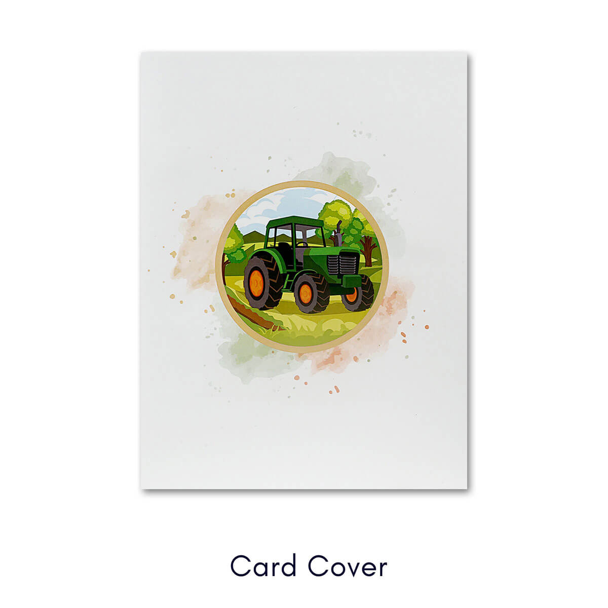 Green Tractor Pop Up Card inspired by John Deere tractor - Old MacDonalds Farm greeting card for kids - Image of 3D card front cover which has a graphic image of a green tractor in the middle of the white card