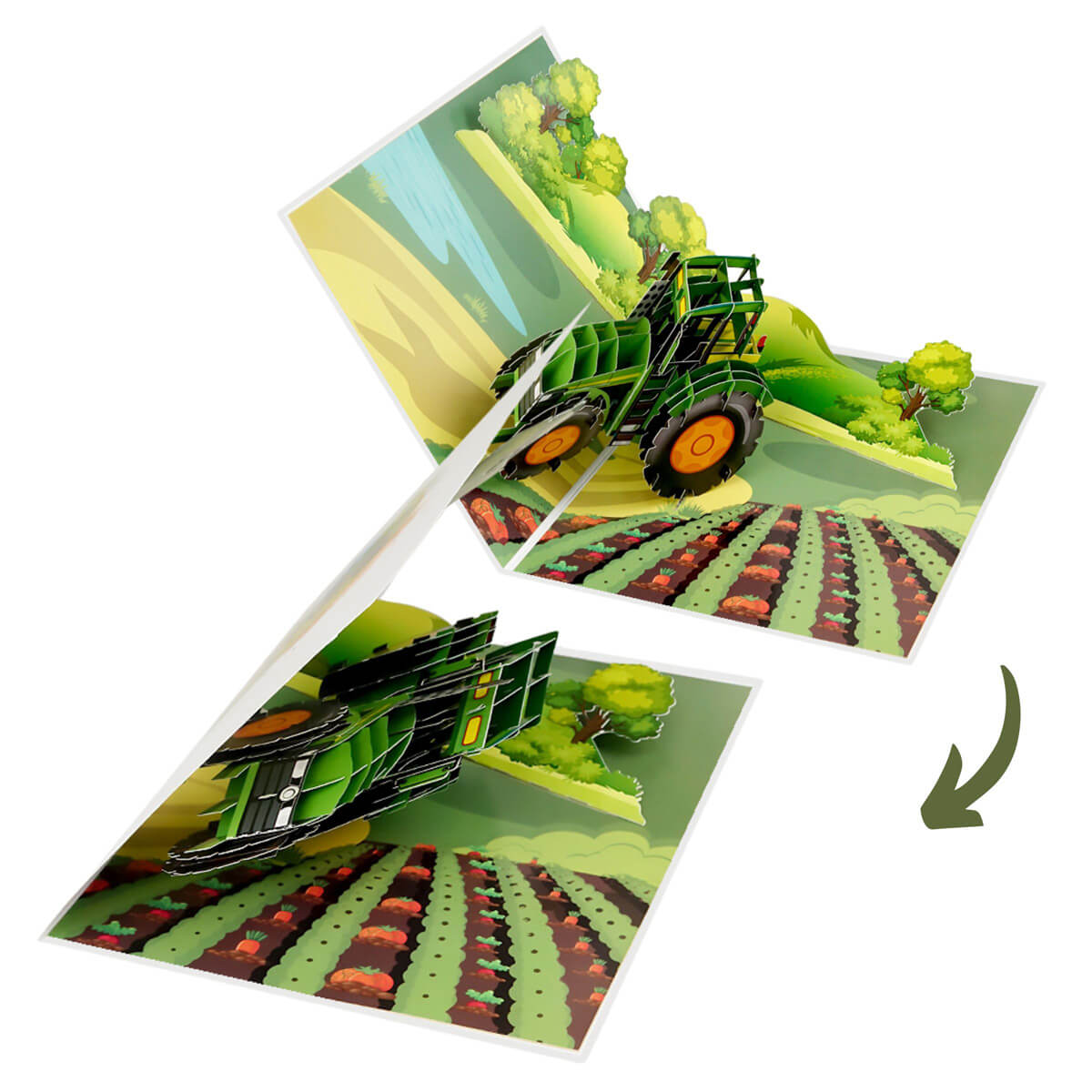 Green Tractor Pop Up Card inspired by John Deere tractor - Old MacDonalds Farm greeting card for kids - Image of 3D card closing