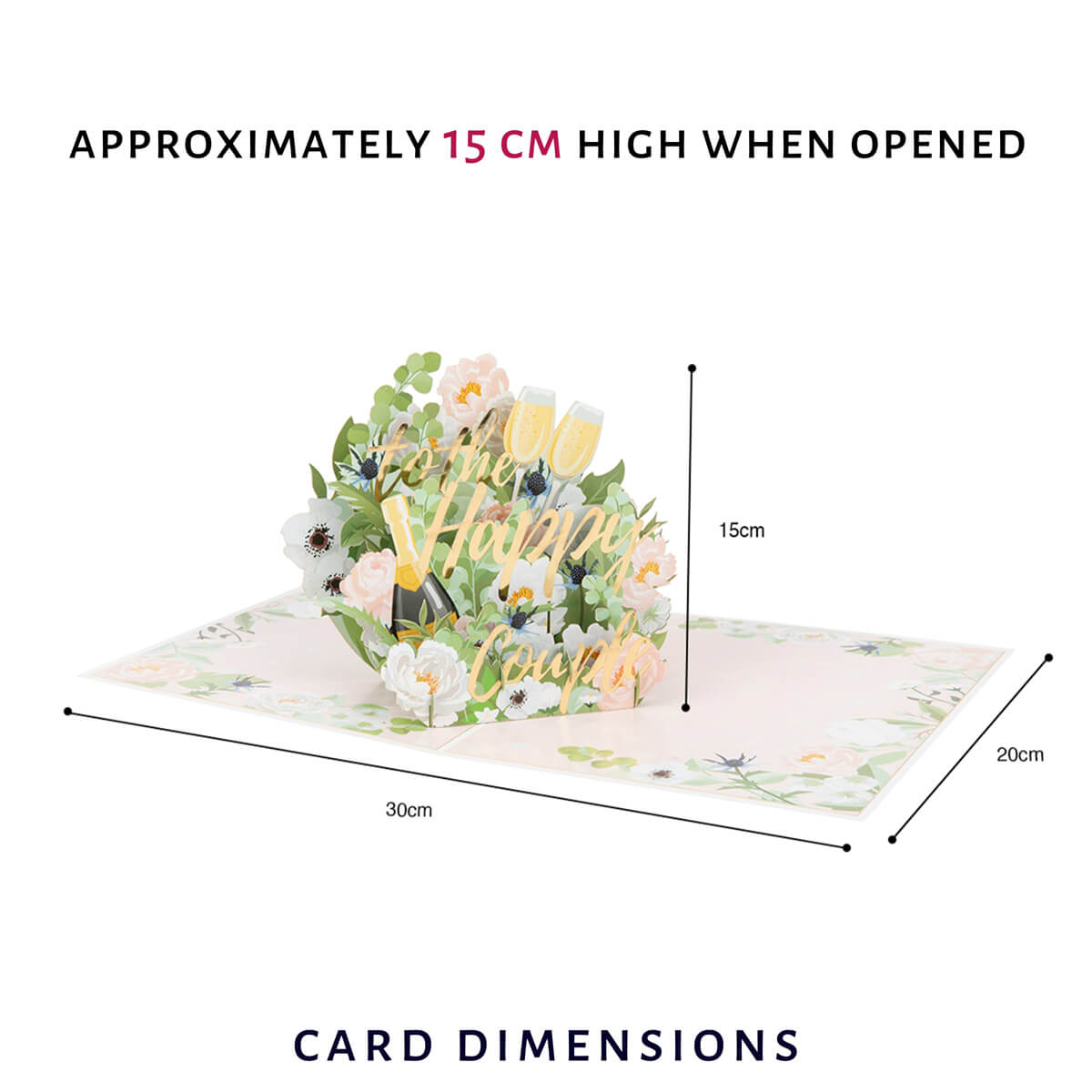 Happy Couple 3D Engagement Card - image of dimensions of card open