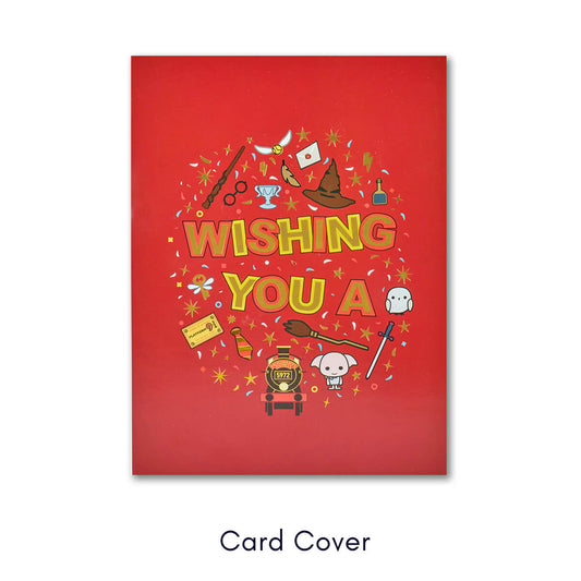 Card cover with Harry Potter-themed illustrations on a red background. Text says 'Wishing You A'