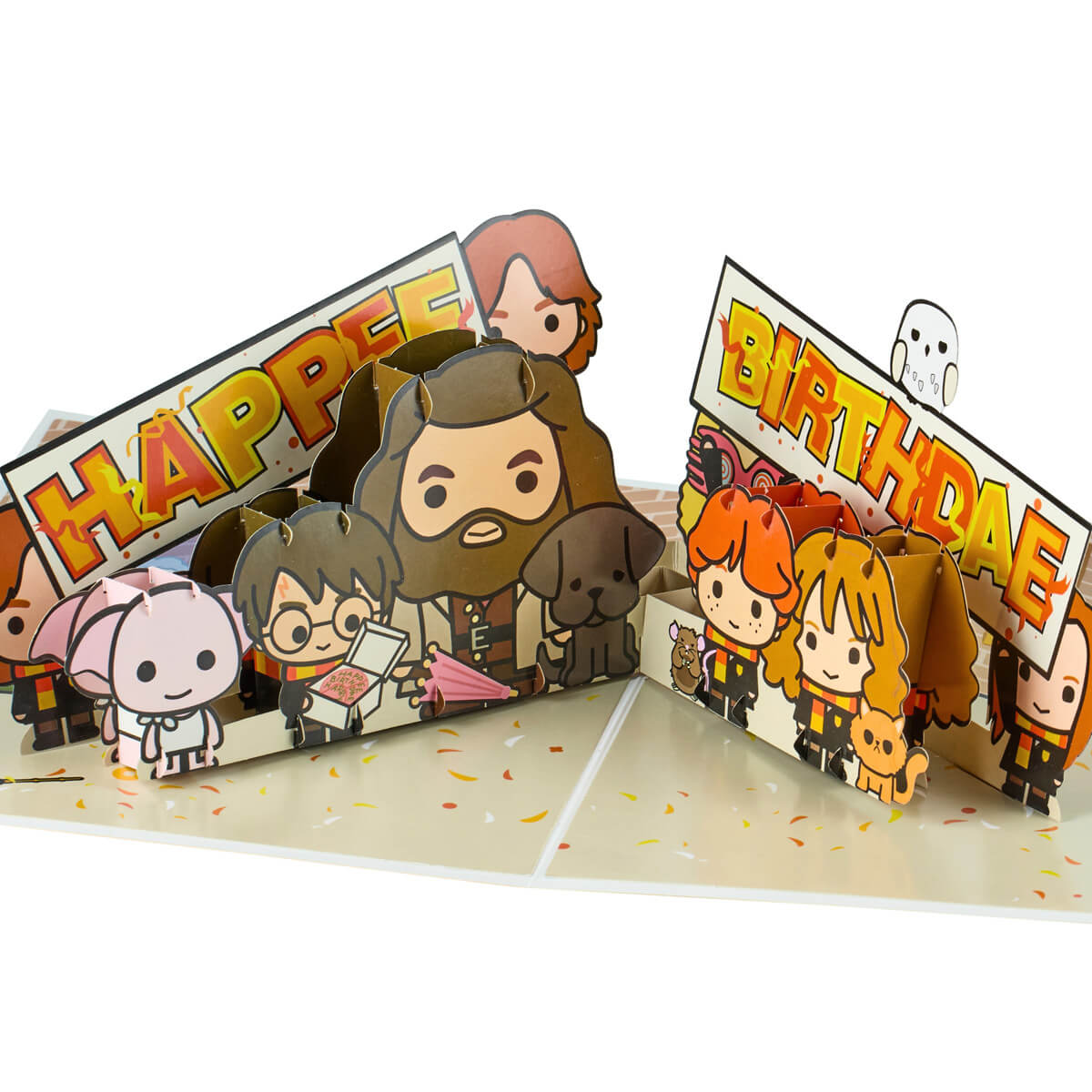 Harry Potter Pop-up birthday card with cartoon Harry Potter characters with a banner that says 'Happee Birthdae'
