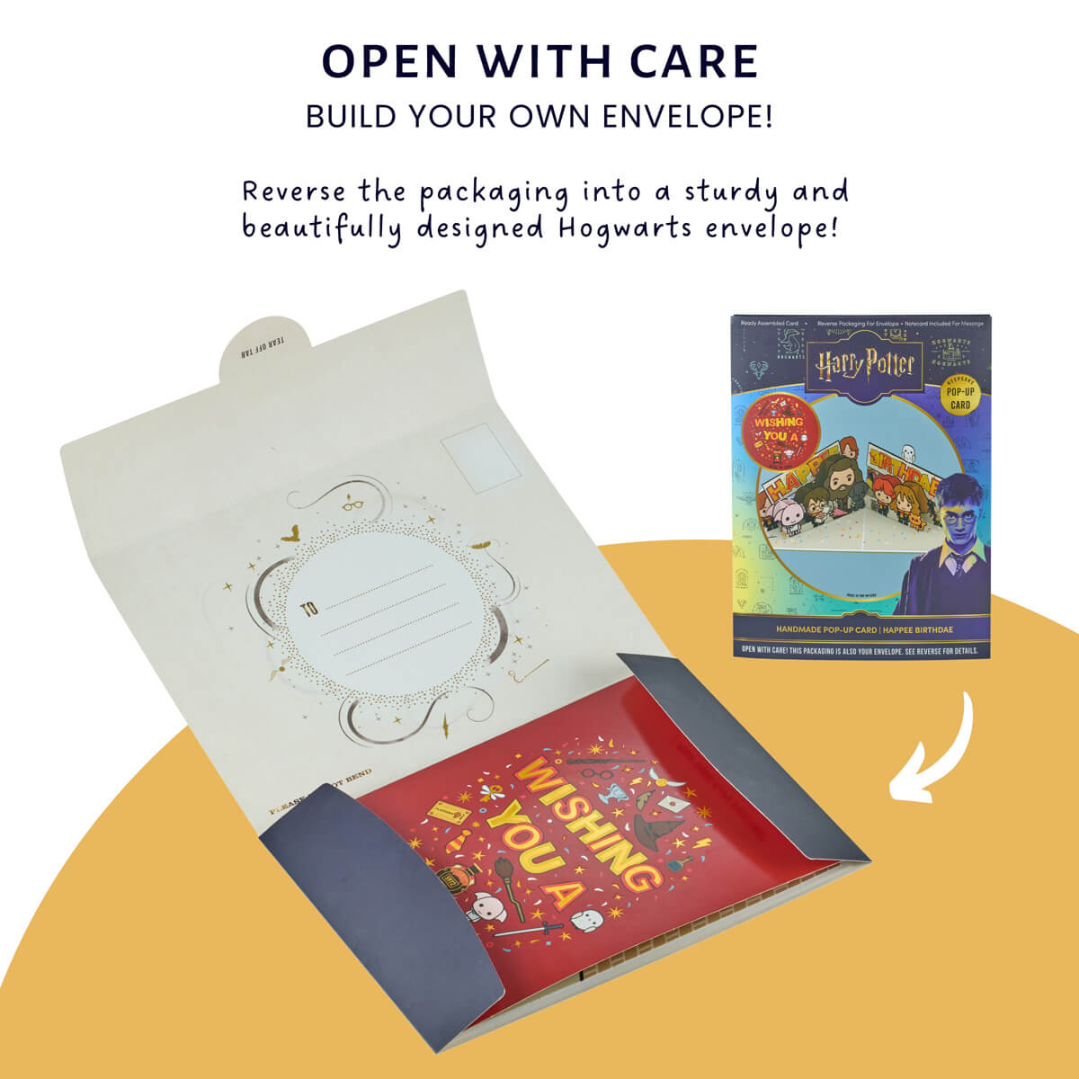 Packaging reverses to become a Hogwarts themed envelope