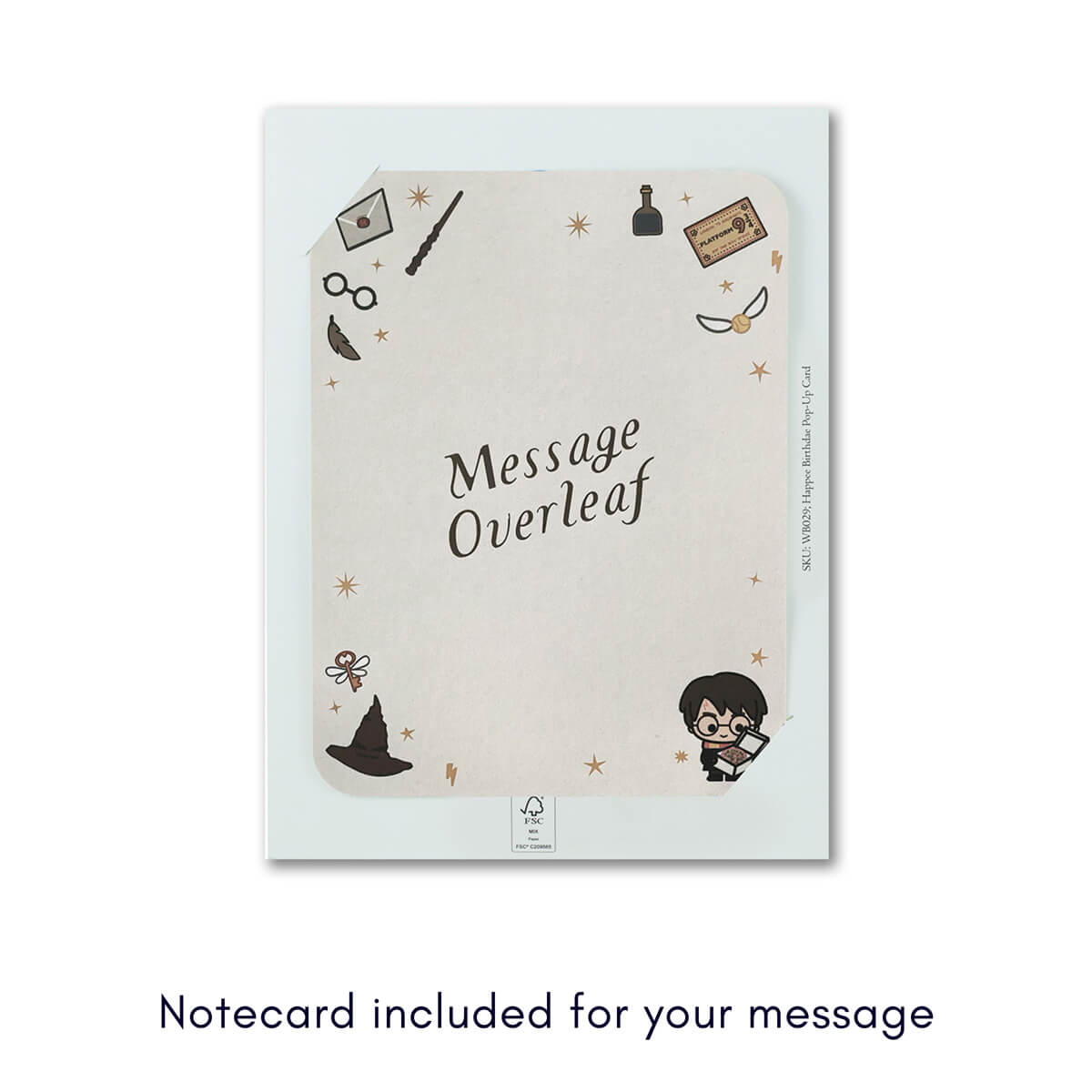 Notecard with Harry Potter-themed illustrations on a white background