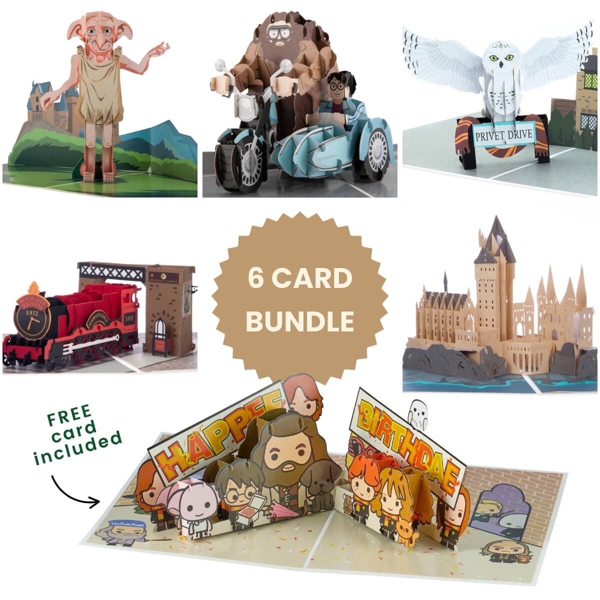 A collage showing a 6-card Harry Potter pop-up card bundle, featuring various characters and scenes including Dobby, Hagrid with Harry in the motorcycle, the owl Hedwig, Hogwarts Express Train, and Hogwarts castle and a Happee Birthdae card for FREE is included.